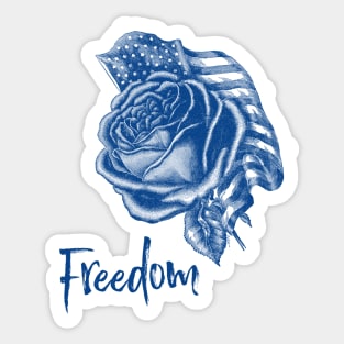 US Flag with Rose Flower - Blue Monochrome Illustration Sticker